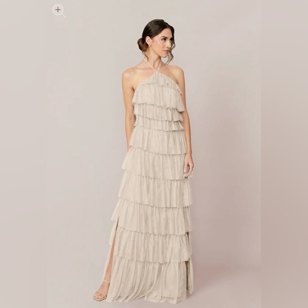 Elegant Champagne Tulle Ruffle Halter Maxi Dress